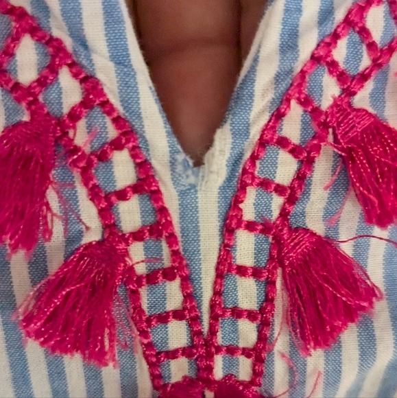 Crown & Ivy Kids Blue White Striped Pink Tassel Shirt Blouse - Size 6 - Picture 6 of 7